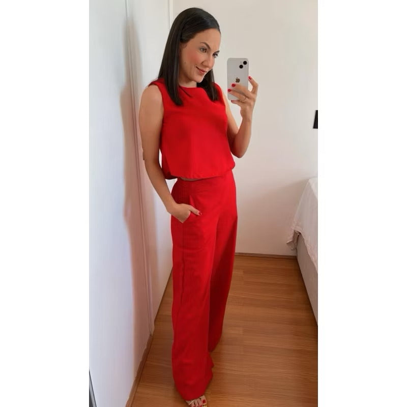 Conjunto Feminino Alfaiataria em Linho – Calça + Blusa Elegante